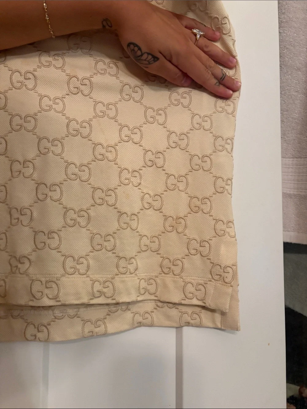 AUTHENTIC Gucci Beige GG Embossed Monogram Polo Shirt Button Up XL